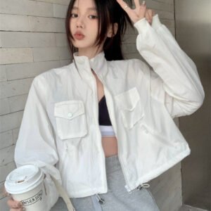 Women's Fashion Retro Workwear Drawstring Stand Collar Zipper Jacket