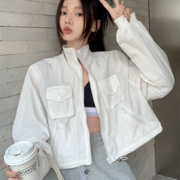 Women's Fashion Retro Workwear Drawstring Stand Collar Zipper Jacket