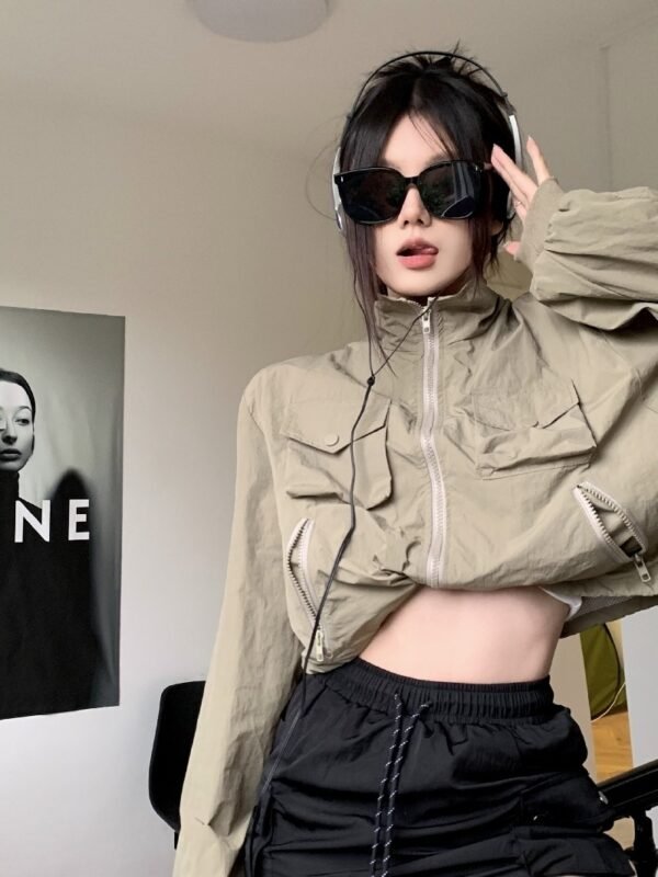 Women's Fashion Retro Workwear Drawstring Stand Collar Zipper Jacket - Image 8