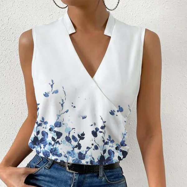 Casual Printed Tops Summer V-neck Sleeveless T-shirt Womens Clothing - Image 3