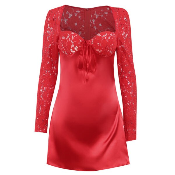 European And American Sexy Slim Fit Chest-flattering Hot Girl Hip Lace Long Sleeve Design A- Line Dress - Image 9