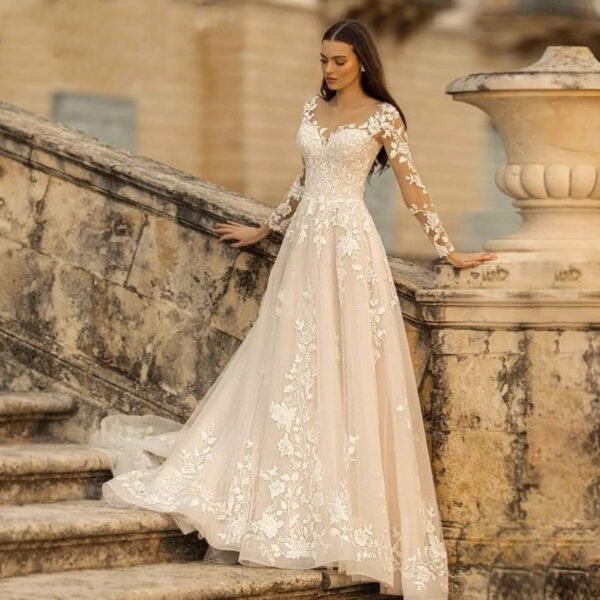 Long Sleeve Wedding Dress Mori Style Bridal Simple Round Neck - Image 4