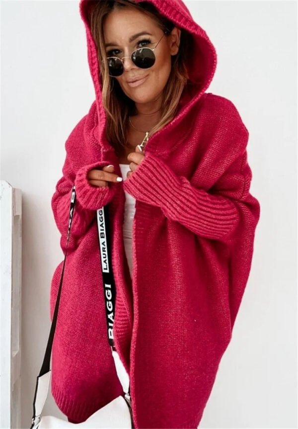Fashion Bat Sleeve Hooded Cardigan Oversized Loose Temperament Solid Color Sweater Womens Clothing - Image 5