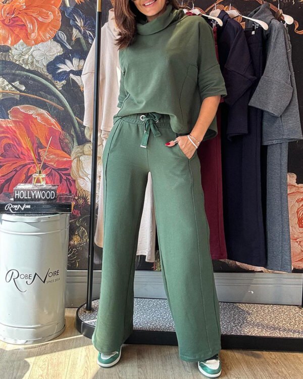 Casual Loose Waist Ribbon Decorative Wide Leg Trousers 2-piece Set - Image 5
