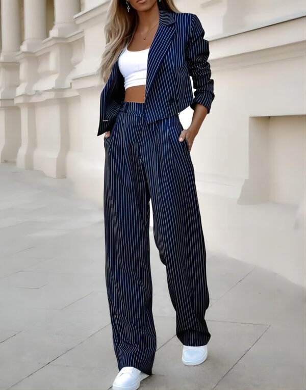 Women's Spring Fashion Striped Suits Casual Lapel Long Sleeve Cropped Top And Straight Pants Outfits Women's Clothing - Image 5