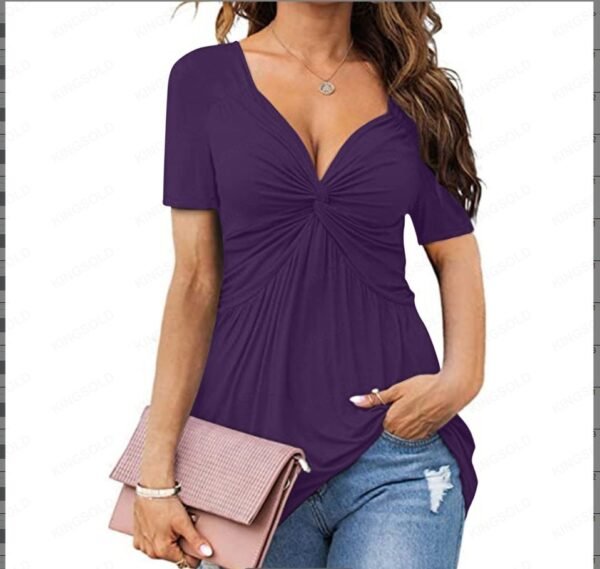 New Women's V-neck Front Twisted Shirt Short Sleeved Elegant Casual T-shirt Solid Color Pullover Top - Image 8