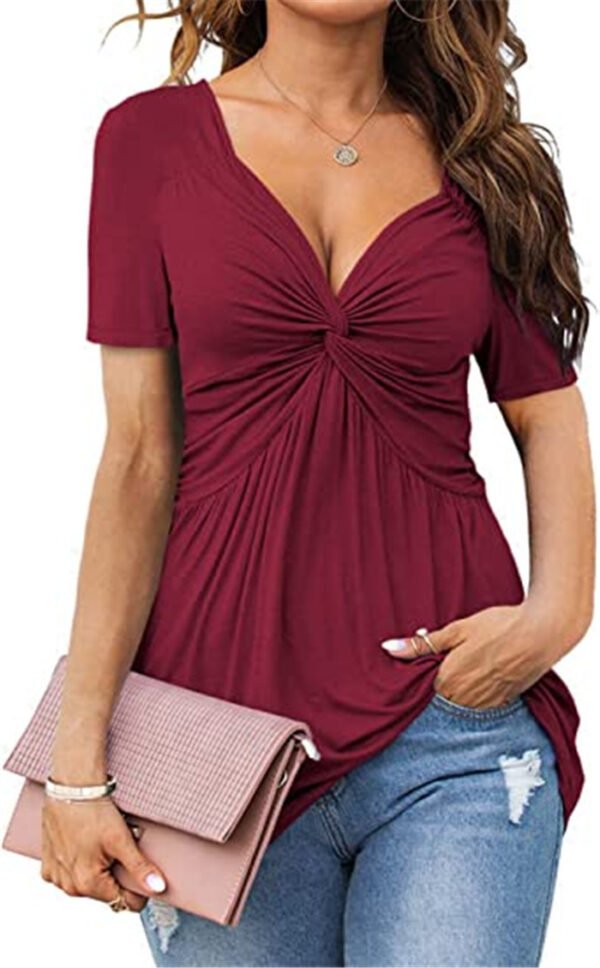 New Women's V-neck Front Twisted Shirt Short Sleeved Elegant Casual T-shirt Solid Color Pullover Top - Image 5