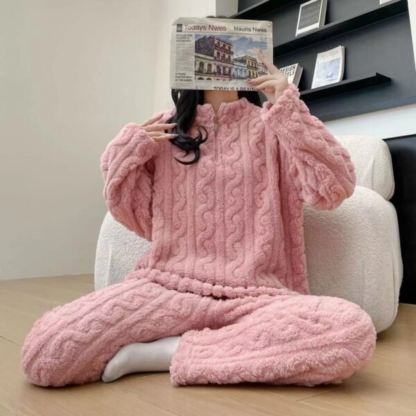 Autumn And Winter New Twist Zipper Couple Fleece-lined Thick Coral Fleece Pajamas Homewear Loungewear Sleepwear For Sleeping - Image 4