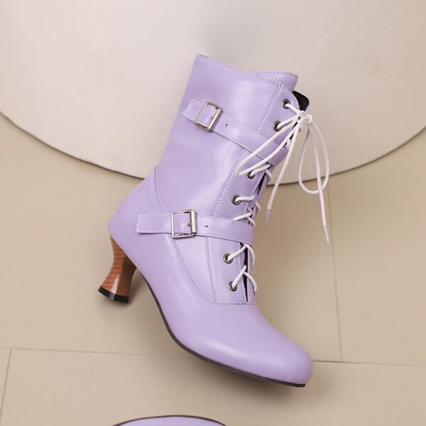 Comfortable Mid Heel Burnt Flower 40-50 Plus Size All-match Lace-up Low Tube Women's Boots - Image 4