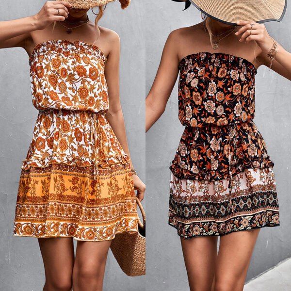 Women's Bohemian Floral Print Strapless Dress Summer Beach Dress - Image 5