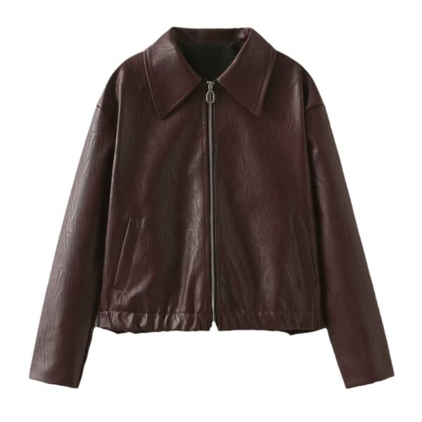 Solid Color Lapel Zipper Jacket Fashion Casual Long Sleeve Leather Coat Tops Women Clothing - Image 10