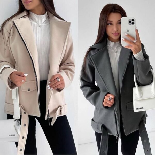 Belt Lapel Long-sleeved Woolen Coat - Image 7