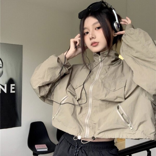 Women's Fashion Retro Workwear Drawstring Stand Collar Zipper Jacket - Image 10