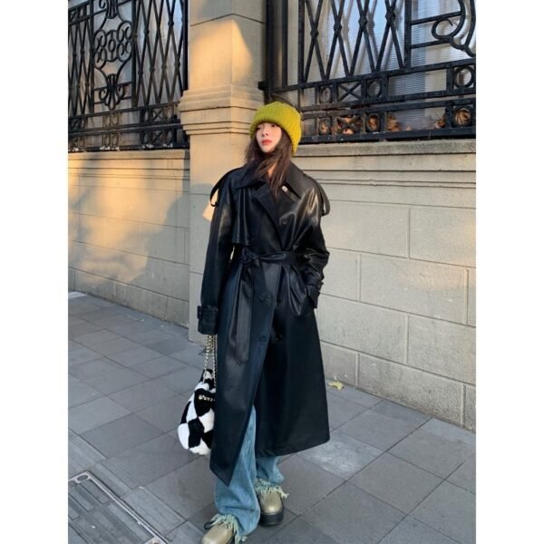 Advanced Sense Black Leather Coat Thick Loose - Image 5