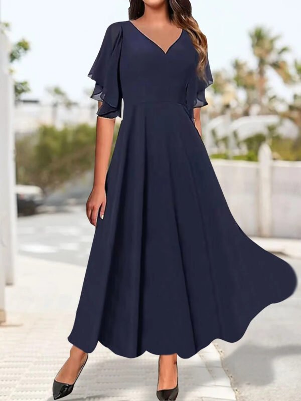 V-neck Ruffle Cuff Elegant Plain Dress Women - Image 6