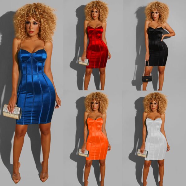 Satin dress with chain suspenders