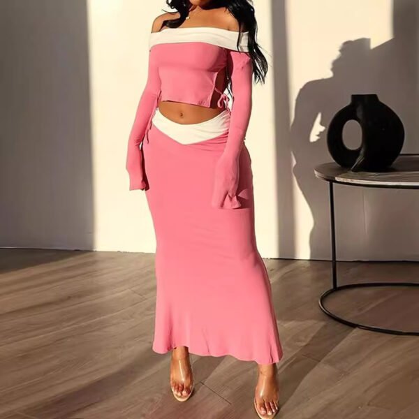 Women's Two-piece Suit With Exposed Navel And Contrast Color Coat Skirt - Image 7