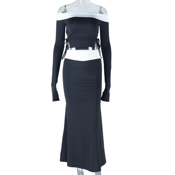Women's Two-piece Suit With Exposed Navel And Contrast Color Coat Skirt - Image 5