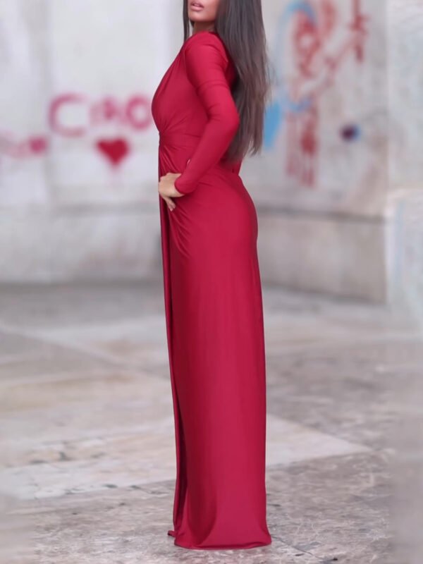 V-neck Long-sleeved Solid Color Maxi Dress - Image 4