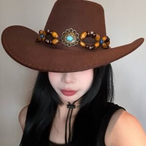 Turquoise Decorative Western Cowboy Hat Female Sun Hat With Wide Brim