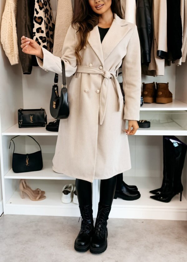 Fashion Solid Color Double-breasted Lace-up Woolen Coat - Image 4