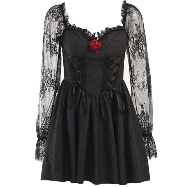 Dark Design Princess Slimming Three-dimensional Flower Lace Long Sleeve Temperament Dress - Image 7