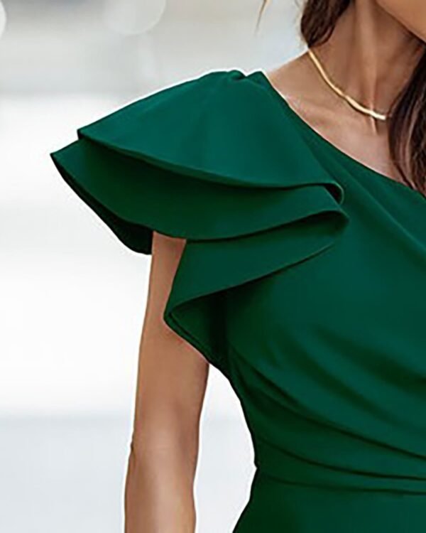 Women's Plain One-Shoulder Ruffle Slit Party Dress - Image 4