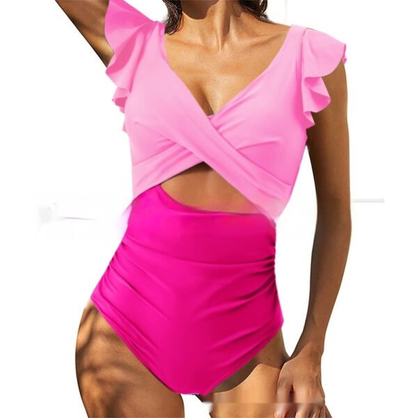 Color Contrast Patchwork Flounce Covered Belly Swimsuit - Image 7