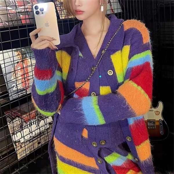 Fashion Slimming Candy Color Coat Retro Lazy Style Rainbow Striped Cardigan Sweater - Image 7