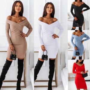 Women's Long Sleeve Patchwork Off-the-shoulder Dress