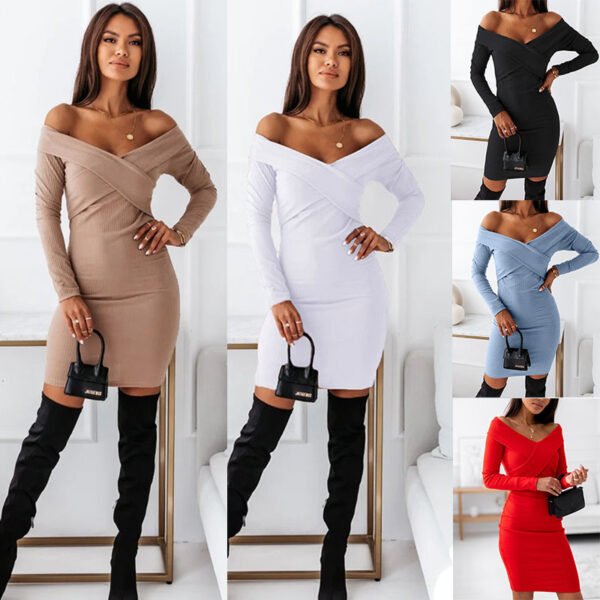 Women's Long Sleeve Patchwork Off-the-shoulder Dress