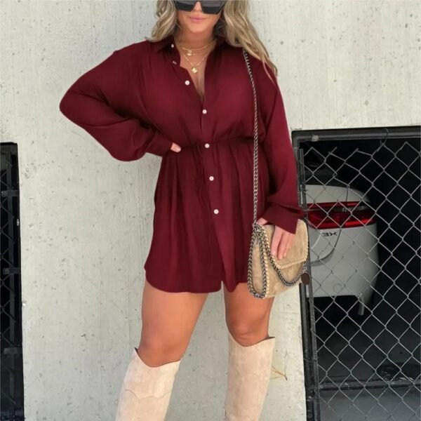 Women's Long Sleeve Jumpsuit With Button Fashion Shirt Dress - Image 5