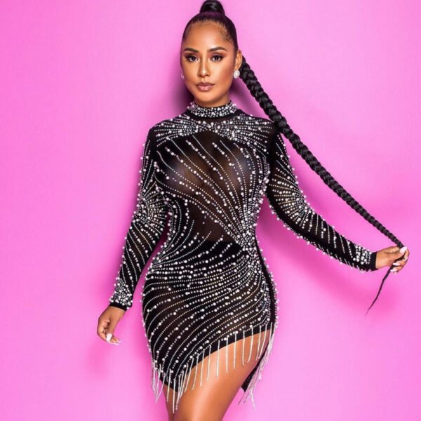 Heavy Industry Pearl Rhinestone Stretch Side Seam Tassel Short Dress - Image 4