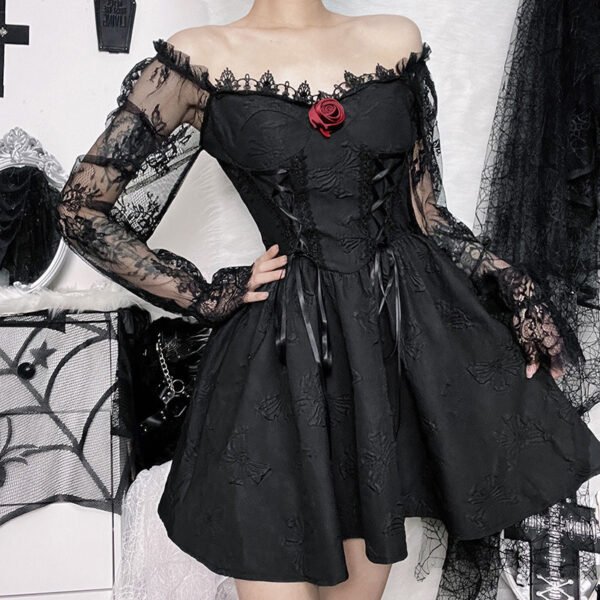 Dark Design Princess Slimming Three-dimensional Flower Lace Long Sleeve Temperament Dress - Image 4