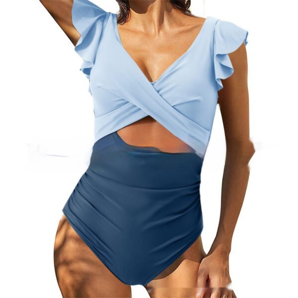 Color Contrast Patchwork Flounce Covered Belly Swimsuit - Image 4
