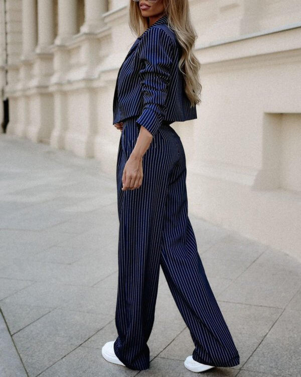 Women's Spring Fashion Striped Suits Casual Lapel Long Sleeve Cropped Top And Straight Pants Outfits Women's Clothing - Image 8
