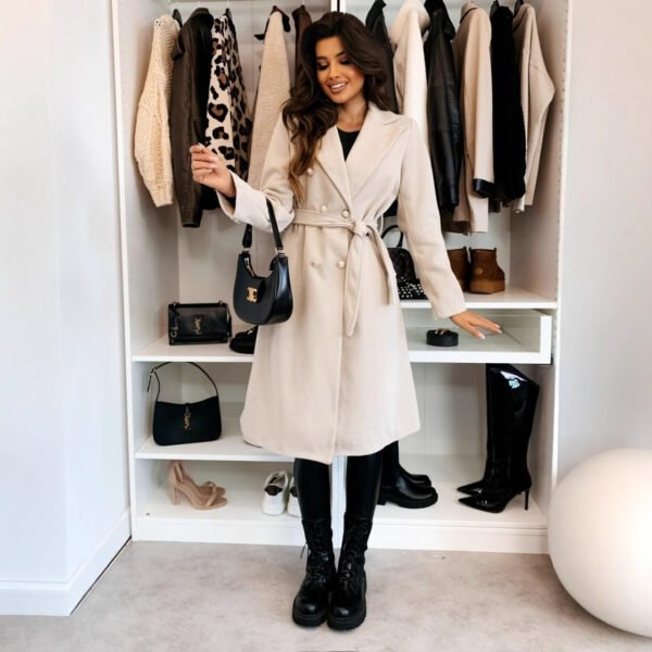 Fashion Solid Color Double-breasted Lace-up Woolen Coat - Image 9