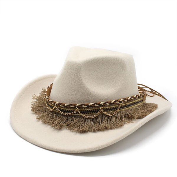 Ethnic Style Tassel Felt Cap Jazz Flat Brim Hat - Image 4