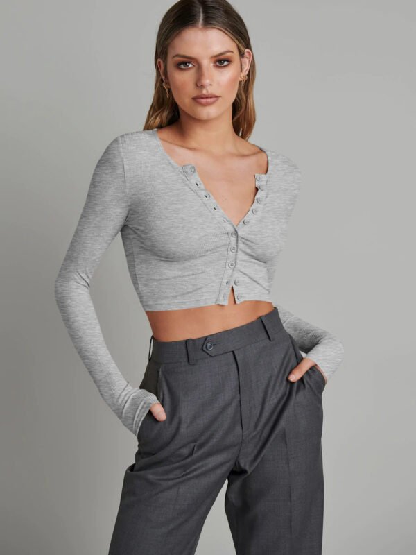 Button Rib Long Sleeve Knitted Cardigan Women's Clothes Cropped Top - Image 8