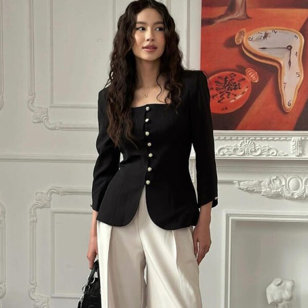 Square Collar Slimming Black Coat - Image 3