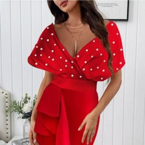 Deep V Sleeveless Waist Ruffle Dress