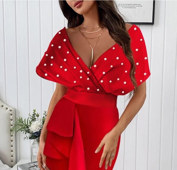 Deep V Sleeveless Waist Ruffle Dress