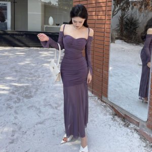 Autumn New Cold-shoulder Mesh Double Layer Dress