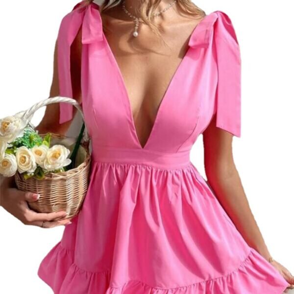 Summer V-neck Solid Color Dress - Image 4