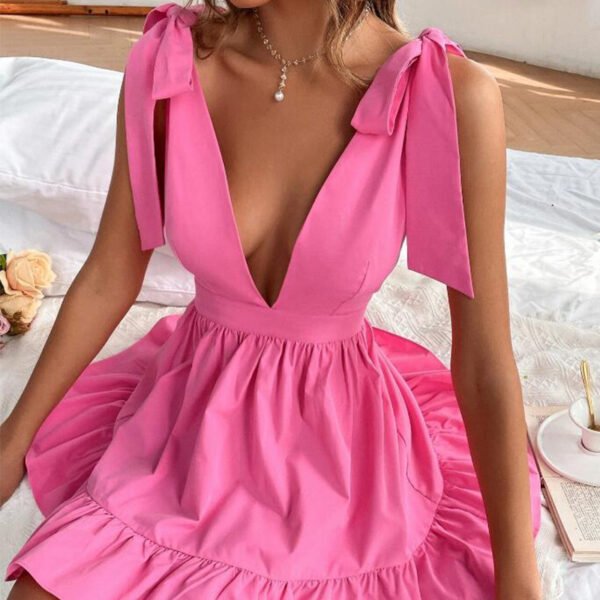 Summer V-neck Solid Color Dress - Image 2