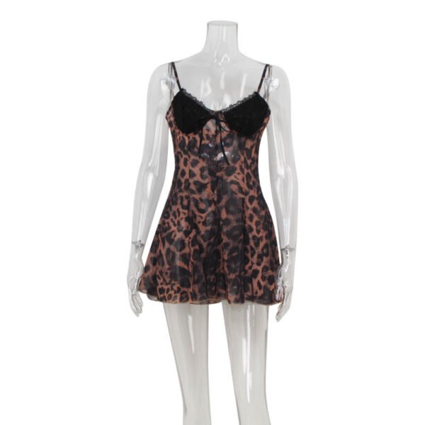 European And American Leopard Print Strappy Low-cut Lace Stitching Dress - Image 4