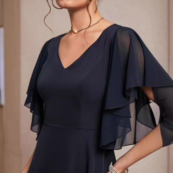 V-neck Ruffle Cuff Elegant Plain Dress Women - Image 5