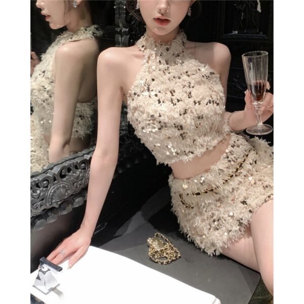 Sequined Tassel Halter Spaghetti Straps Vest Sheath Skirt - Image 10