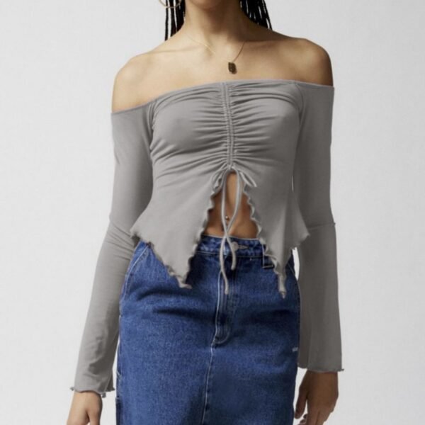 Two-wear Top Wooden Ear Edge Horn Sleeve Sexy Off-the-shoulder Long Sleeve T-shirt Woman - Image 4