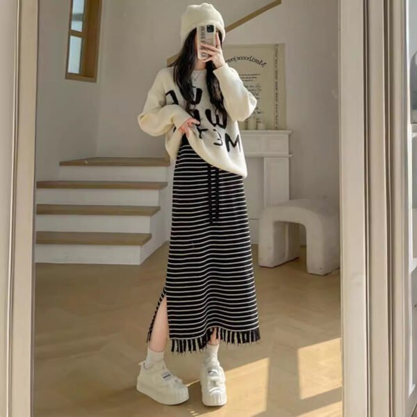 Striped Knitted Skirt High Waist Slimming - Image 5